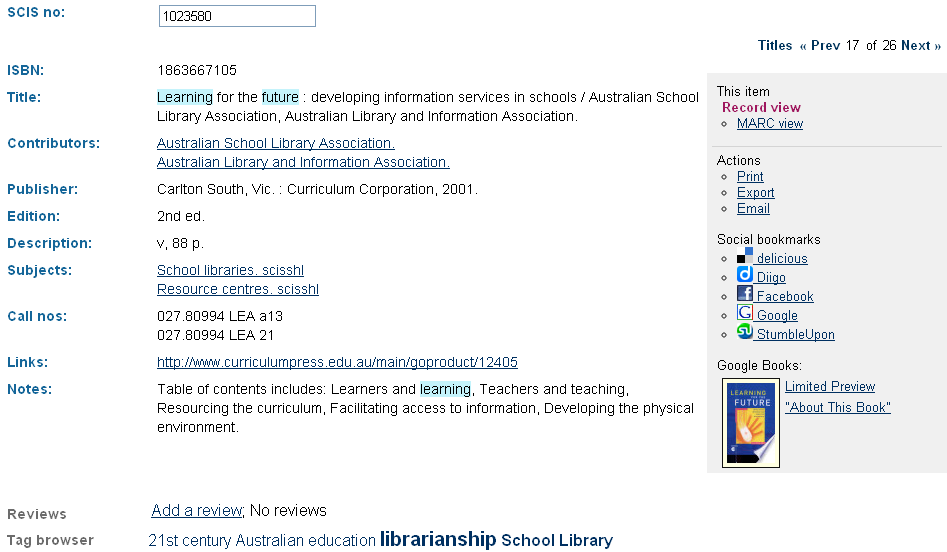 Google Books link in SCIS Catalogue record