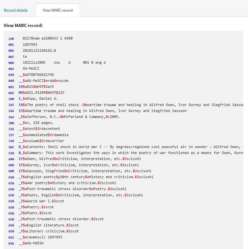 Raw MARC data written in machine readable code: